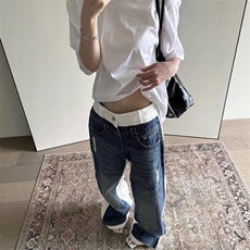 街头大码水洗复古双层撞色白蓝拼接牛仔裤宽松显瘦垂感阔腿长裤，男装牛仔裤，星座601-1