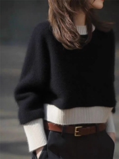 2025年秋季时尚百搭通勤简约休闲圆领宽松短款套衫，女装针织衫/毛衣，思途羊绒