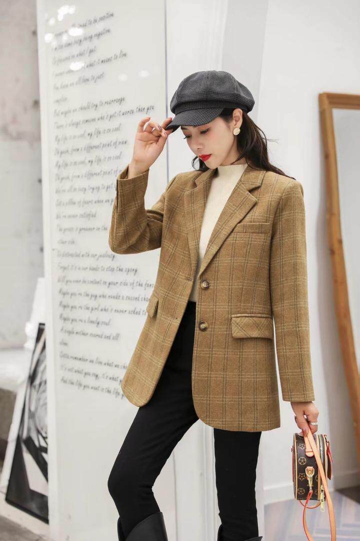 【现货】新款2021冬装羊毛呢格子外套，其它，百媚丽人