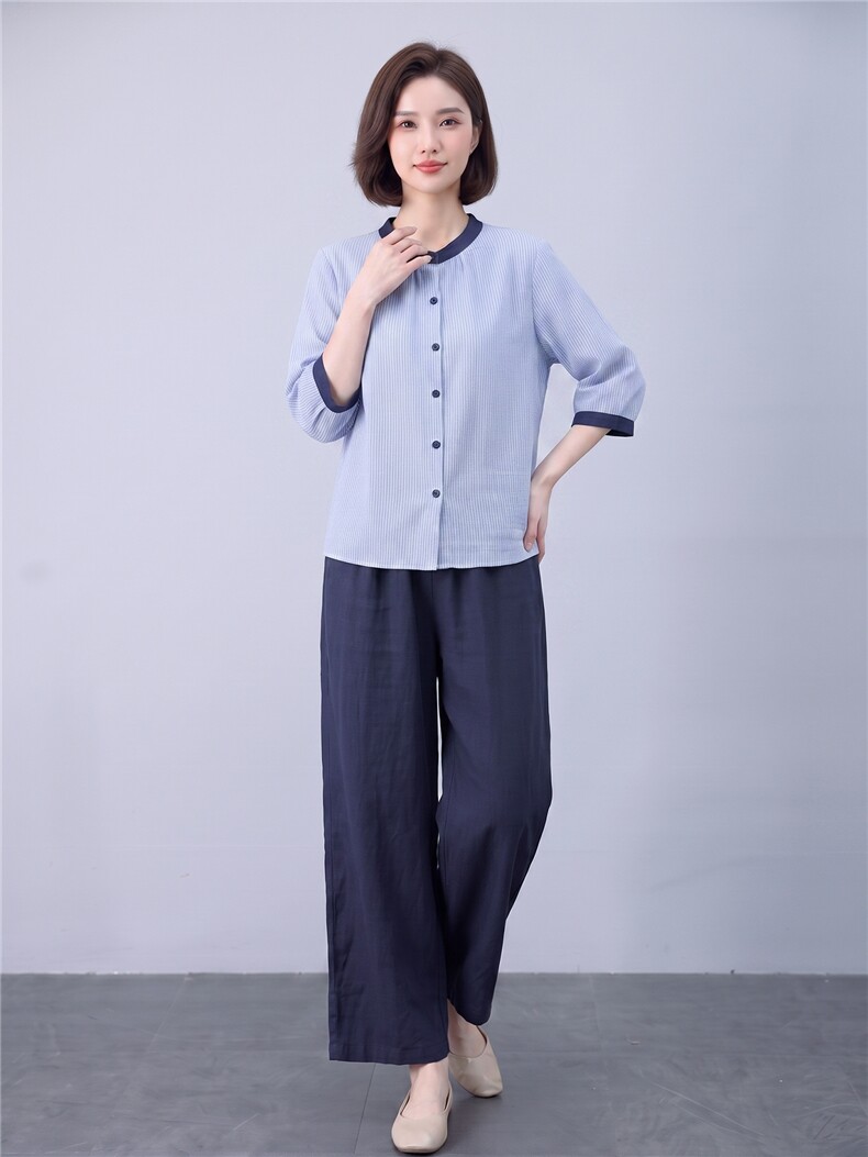 衬衫女撞色条纹宽松透气上衣,女装衬衫,曼沙奕珂