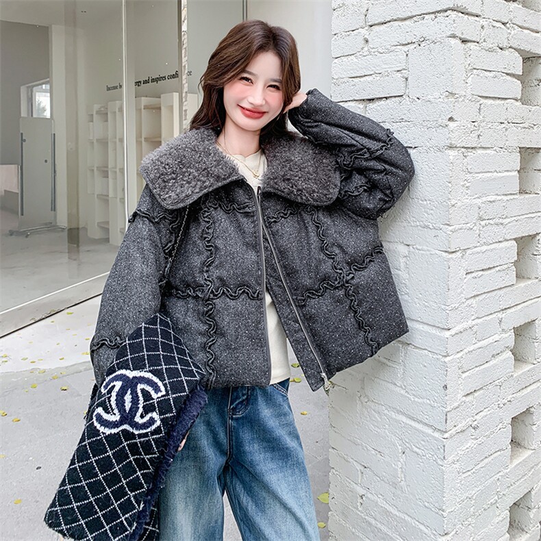 灰色羊羔毛翻领烫钻羽绒服女2025年冬季小个子加厚保暖白鸭绒外套,女装羽绒服,2C110