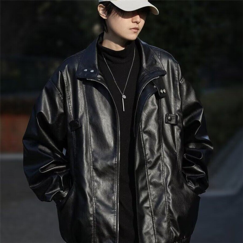 网红穿搭美式外套男女春秋宽松休闲痞帅机车皮衣短款情侣防风外套,男装皮衣,星座506A