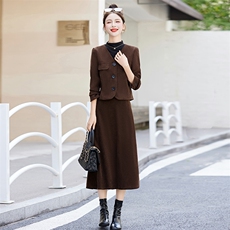 时尚优雅秋装女套装气质显瘦长袖外套+半身裙两件套百搭气质女神风，女装套装/套裙，灵力轩