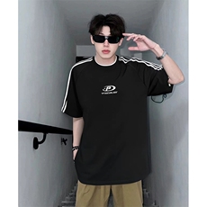 抖音得物高品质二开240克宽松纯棉美式潮牌三条杠织带短袖T恤，男装T恤，电商A486
