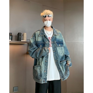 美式工装牛仔外套男款宽松秋季重磅水洗复古多口袋翻领夹克图片