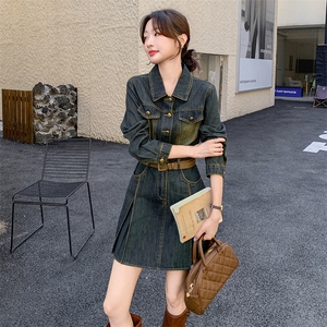 港风复古小个子牛仔衬衫连衣裙女2026春季新款收腰修身显瘦短裙,盐系少女穿搭淘宝图片