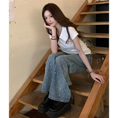美式复古潮牌设计感烫钻牛仔裤男女阔腿宽松高级感裤子N24-P81，男装牛仔裤，星座208-5