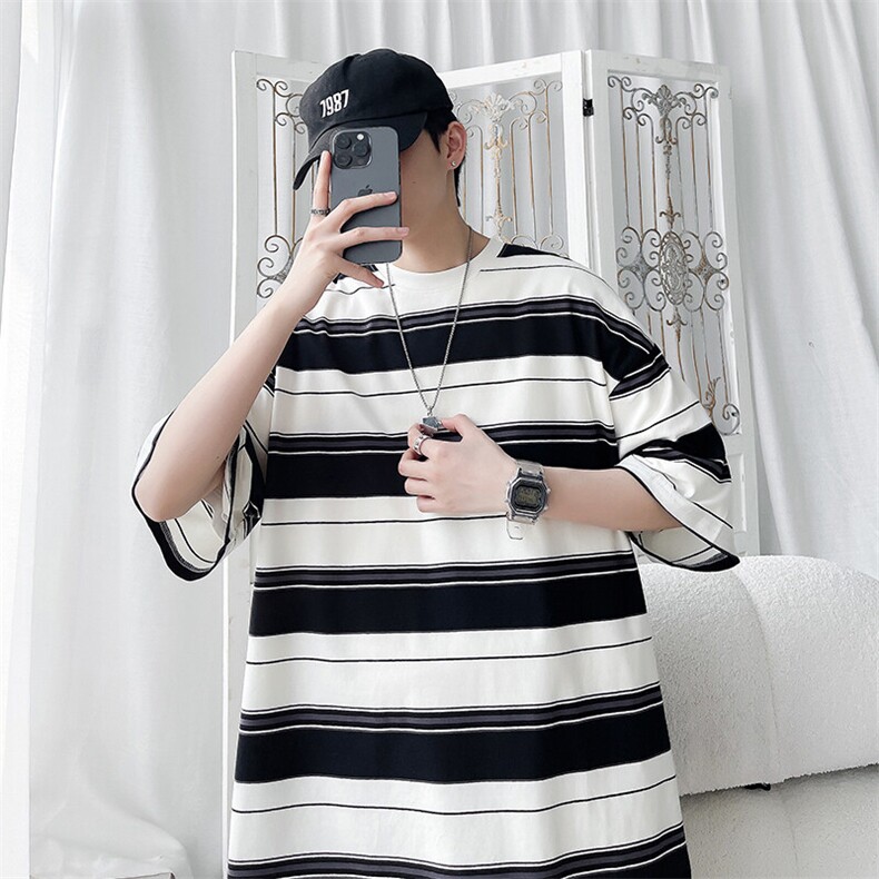 夏季潮流条纹宽松圆领短袖T恤男女百搭上衣T3602-P30【特价】,男装T恤,电商A007
