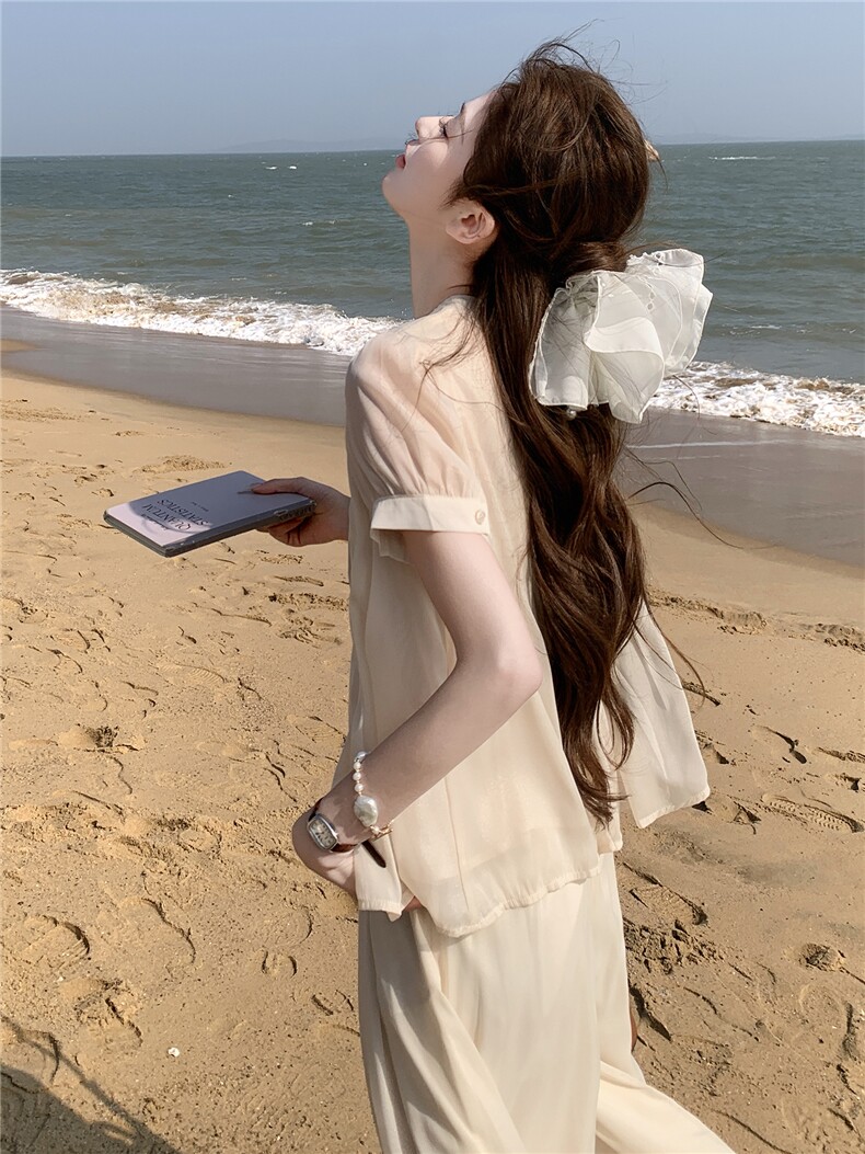 温柔风短袖上衣阔腿裤套装女夏新款松弛感宽松显瘦两件套,女装套装/套裙,衣秀之家