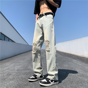 DXK8035-P50潮牌美式复古刀割破洞做旧水洗新款牛仔裤男直筒长裤图片