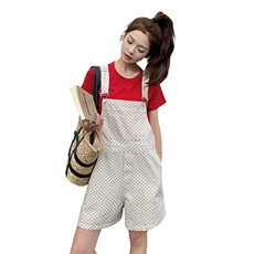 韩系减龄波点背带裤短T恤两件套女2025夏季新款学院风连体裤套装，女装连体裤，2C087