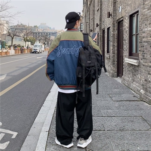 牛仔外套男拼接字母高街帅气2023秋冬季新款ins宽松夹克W5132-P71图片