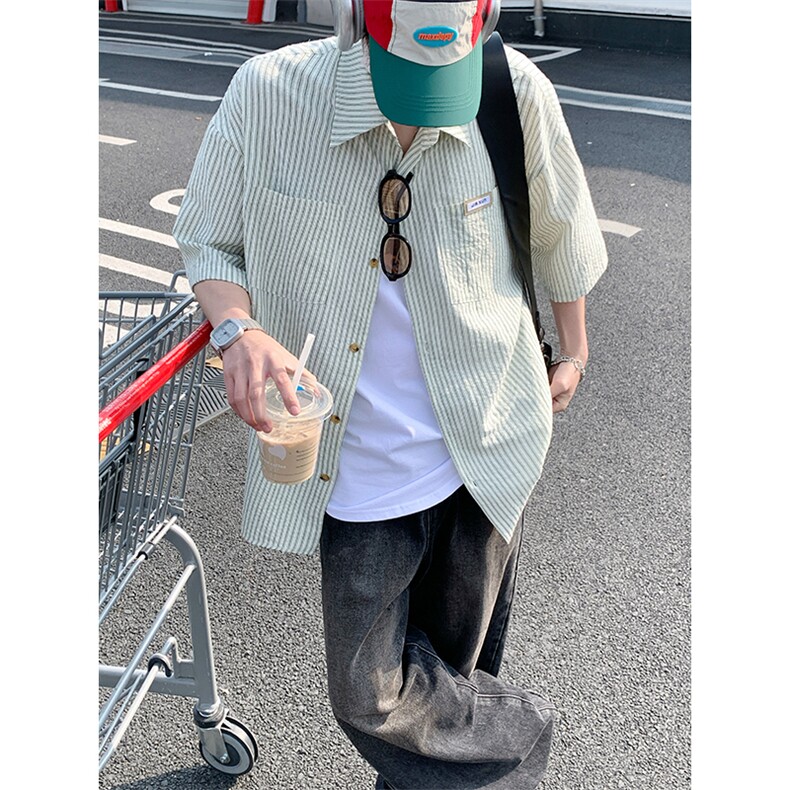 夏季潮流大码宽松百搭撞色贴标条纹短袖衬衫DC2218-P38【特价】,男装T恤,电商A007