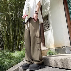 新中式风盘扣裤子男士夏季新款高级感垂感宽松直筒阔腿休闲长裤，男装休闲裤，星座716-2