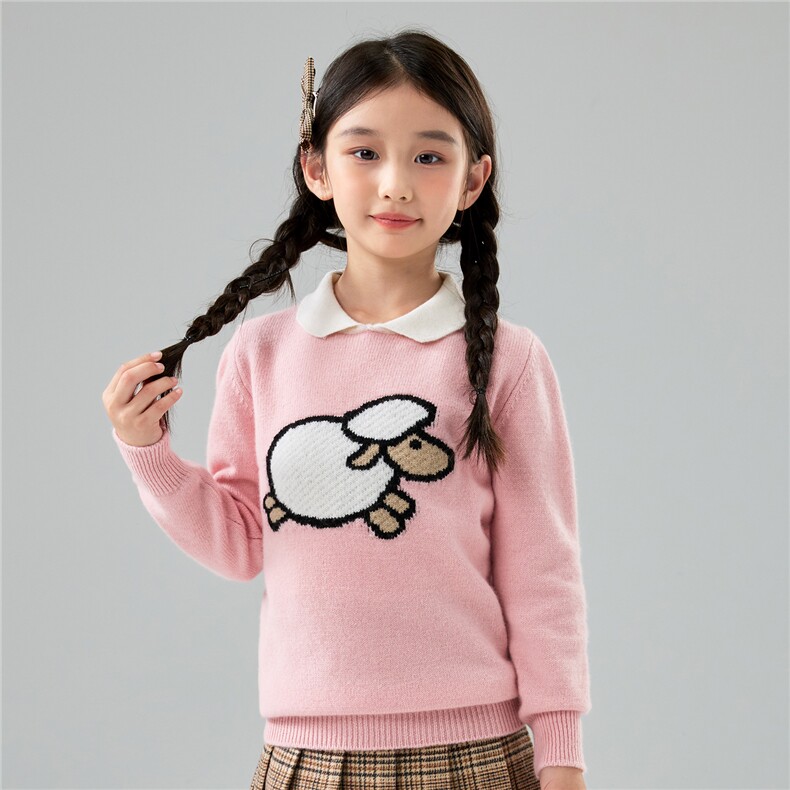 秋冬新款儿童100%羊毛Polo领针织衫女童加厚保暖小羊提花羊绒衫，童装儿童羊毛衫，初丹羊绒童装