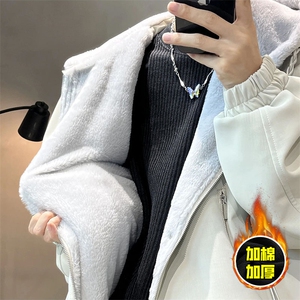 现货高品质美式高街重磅座山雕连帽pu皮棉衣男女加厚毛毛绒冬外套图片