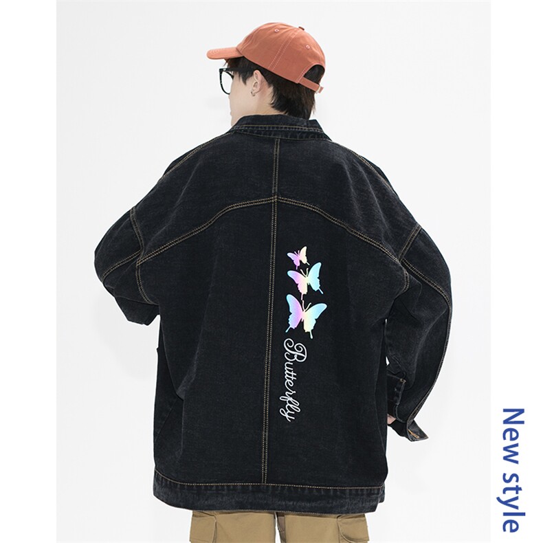 2021秋季新日系大码男镭射炫彩蝴蝶反光印花牛仔夹克外套NJ126P70,男装夹克,电商A001