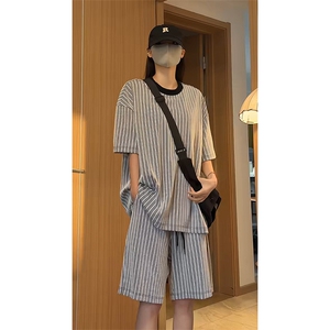 短袖短裤运动套装宽松休闲圆领条纹两件套T3712特P28/DK8699特P27图片