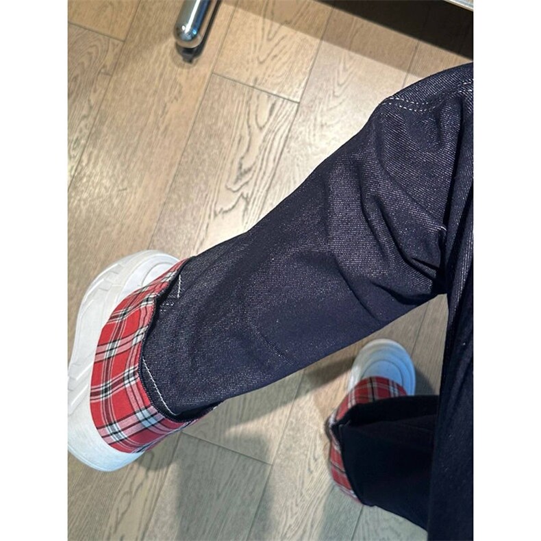 美式原创复古格子拼接牛仔裤卷边男女宽松阔腿直筒设计长裤裤子,男装牛仔裤,星座1210-1