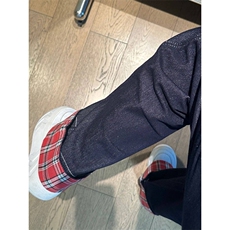 美式原创复古格子拼接牛仔裤卷边男女宽松阔腿直筒设计长裤裤子，男装牛仔裤，星座1210-1