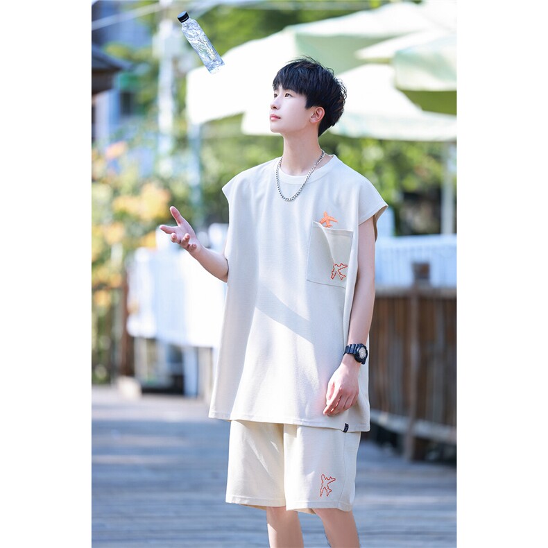2025夏季新款清新简约刺绣小飞机中性运动休闲套装TZ34/P55控78,男装休闲套装,电商A148