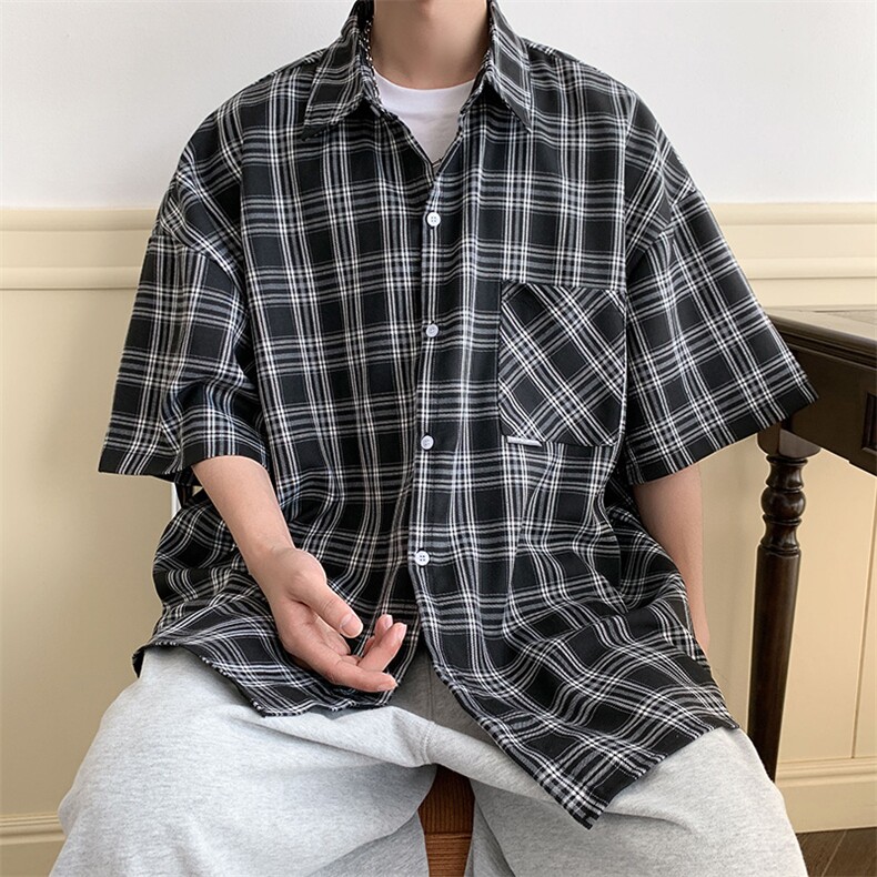 短袖衬衫男夏季新款港风宽松大码格子衬衣CS007-P38图片