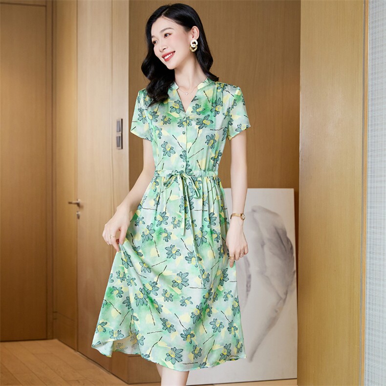 轻熟风印花真丝连衣裙女夏季2024新款大码遮肚子显瘦桑蚕丝裙子夏,女装连衣裙,阿舍尔精品
