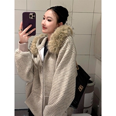 网图美式复古条纹毛领连帽卫衣外套女秋季休闲宽松开衫上衣特P79，女装短外套，电商C306-1