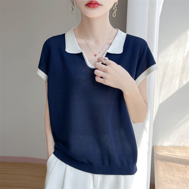 夏季新款天丝苎麻剪刀polo领拼色短袖女宽松百搭显瘦时尚休闲上衣,针织衫/毛衣,暖娇绒