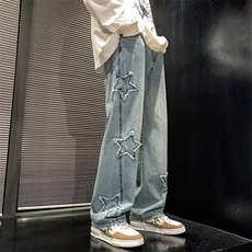 五角星牛仔裤男2024春季美式高街直筒宽松拖地阔腿裤K5835-P43，男装牛仔裤，星座512-3