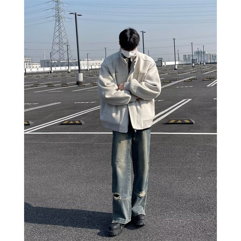 秋冬季美式复古麂皮绒外套男女宽松休闲百搭设计感棉衣外套W9296,男装棉衣,星座506