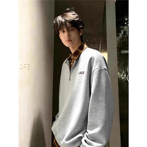 网图美式撞色拼接假两件卫衣半拉链潮牌衬衫领polo衫YY809-P43图片
