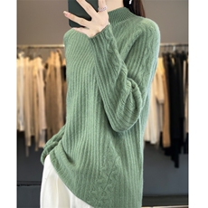 秋冬新款100%纯羊毛衫女半高领提花长袖毛衣宽松羊绒针织打底上衣，女装羊毛衫，鲁菏羊绒