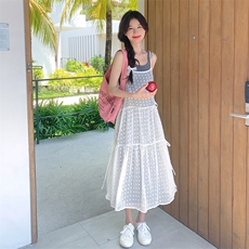 法式网纱吊带连衣裙叠穿套装女2025夏季新款无袖背心波点裙两件套，女装连衣裙，2C283