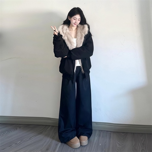 现货重磅硬挺boxy羽绒棉衣座山雕猫耳大毛毛领麂皮棉服冬外套图片