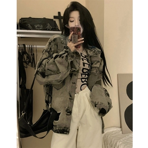现货5千件 男女美式牛仔外套春秋扎染破坏牛仔衣高街夹克NT521P75图片