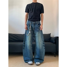 复古水洗蓝色弯刀牛仔裤男女微喇宽松阔腿拖地裤直筒N2020-P48，男装牛仔裤，星座208-5