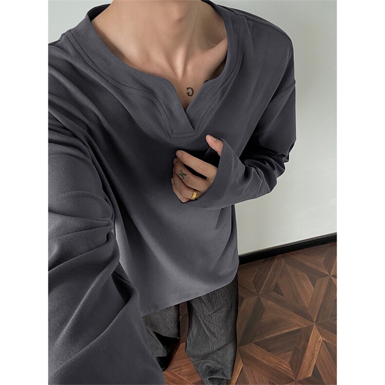 已下单5w件美式高街大码300g德绒纯色V领长袖T恤男T24572-特P18，男装T恤，电商A001