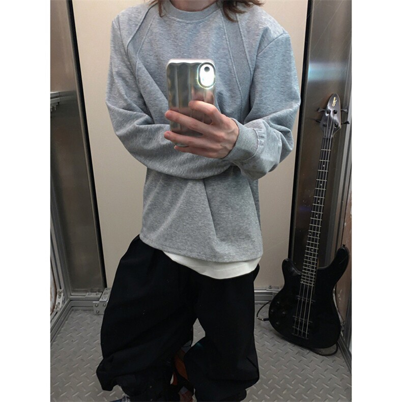 抖音得物品质26春装美式高街宽松曼巴棉螺纹拼接卫衣圆领长袖T恤,男装T恤,电商A443