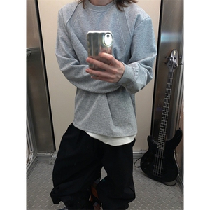 抖音得物品质26春装美式高街宽松 曼巴棉螺纹拼接卫衣圆领长袖T恤图片