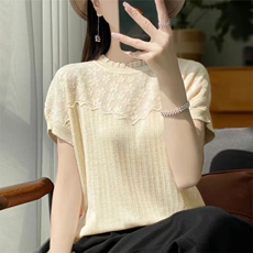 白色短袖t恤女2025新款小香风别致立体钩花夏季蕾丝冰丝针织上衣，女装针织衫/毛衣，萱芳婷羊绒