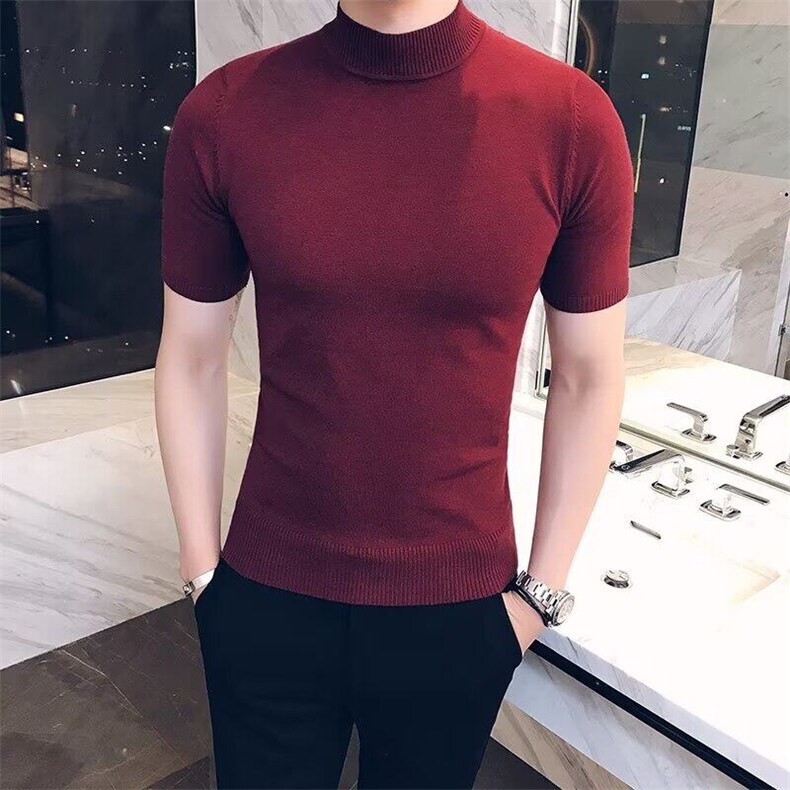 男士毛衣半高领春秋内搭短袖针织衫男紧身中领纯色线衣修身打底衫图片