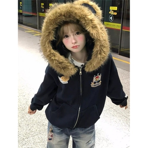 小熊毛领开衫卫衣男女超好看小众学院风加绒连帽外套 WK3208图片