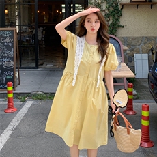 小清新黄色森系衬衫连衣裙女夏季2025新款披肩设计单排扣过膝长裙，女装连衣裙，2C090