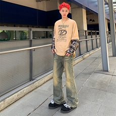 春款美式vibe复古水洗做旧牛仔裤男女直筒显瘦cleanfit长裤子，男装牛仔裤，星座601-1
