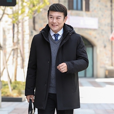 继续可拆卸帽内胆中老年羽绒服外套男中长款白鸭绒羽绒服大衣，男装羽绒服，钱塘723