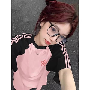 夏季美式高街重磅纯棉三条杠织带插肩撞色男女短袖T恤CZ189-特P25图片