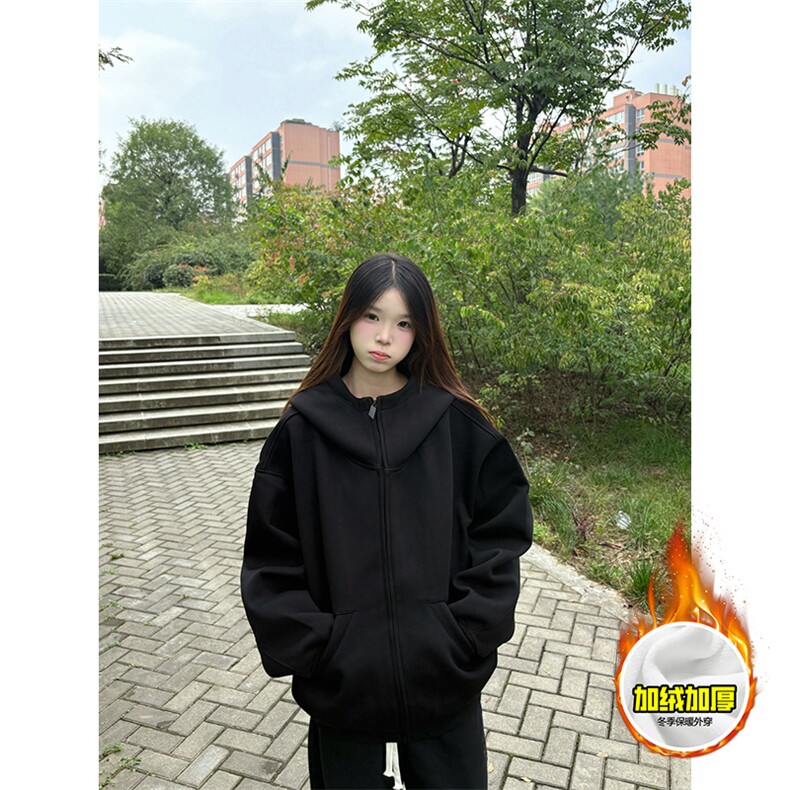 480G重磅加绒硬挺boxy男女秋冬美式高街防风高领卫衣开衫厚外套，女装短外套，电商A486-1