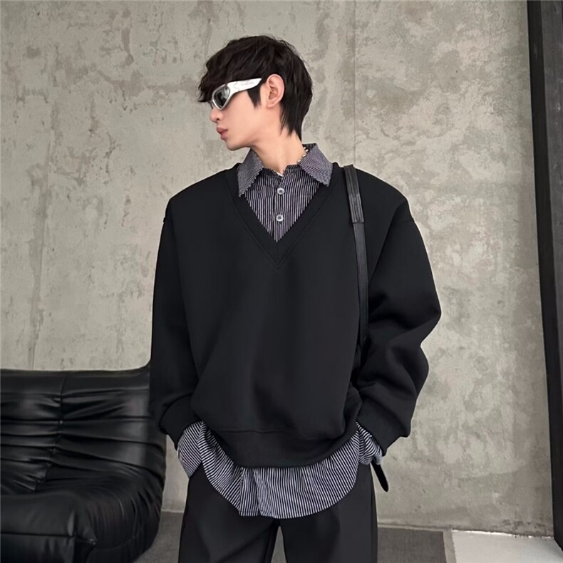 美式复古假两件衬衫领卫衣男条纹拼接重磅长袖外套513APL2717P45,男装衬衫,星座513A