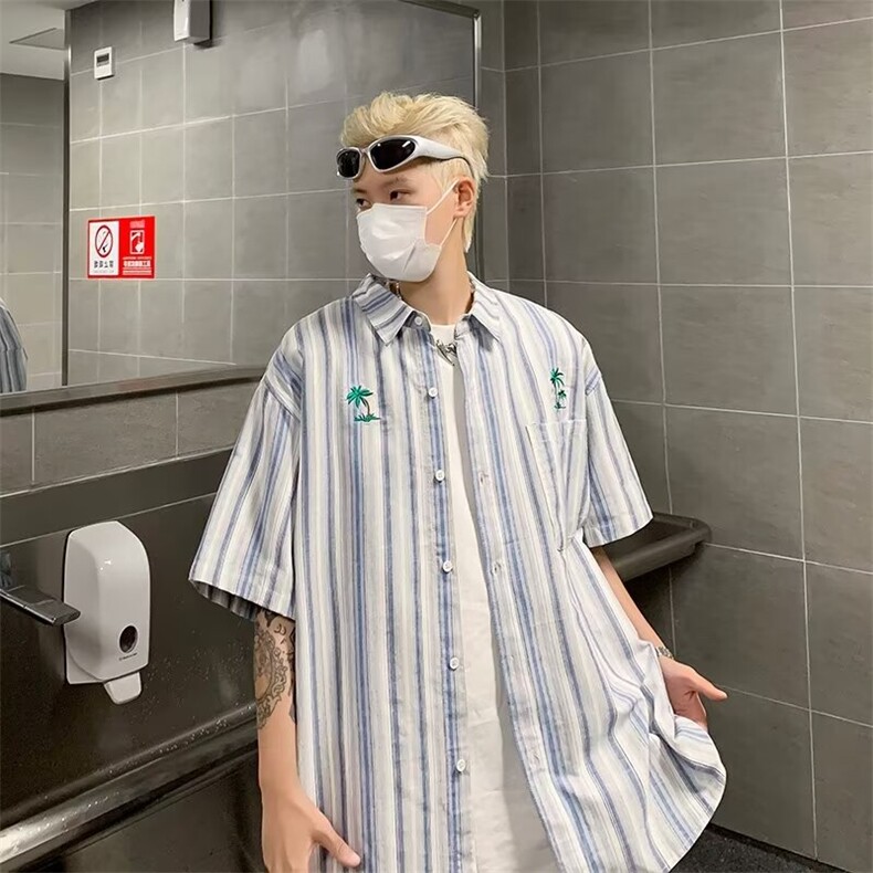 日系刺绣短袖衬衫夏季情侣款竖条纹宽松休闲衬衣男,男装衬衫,星座716-3
